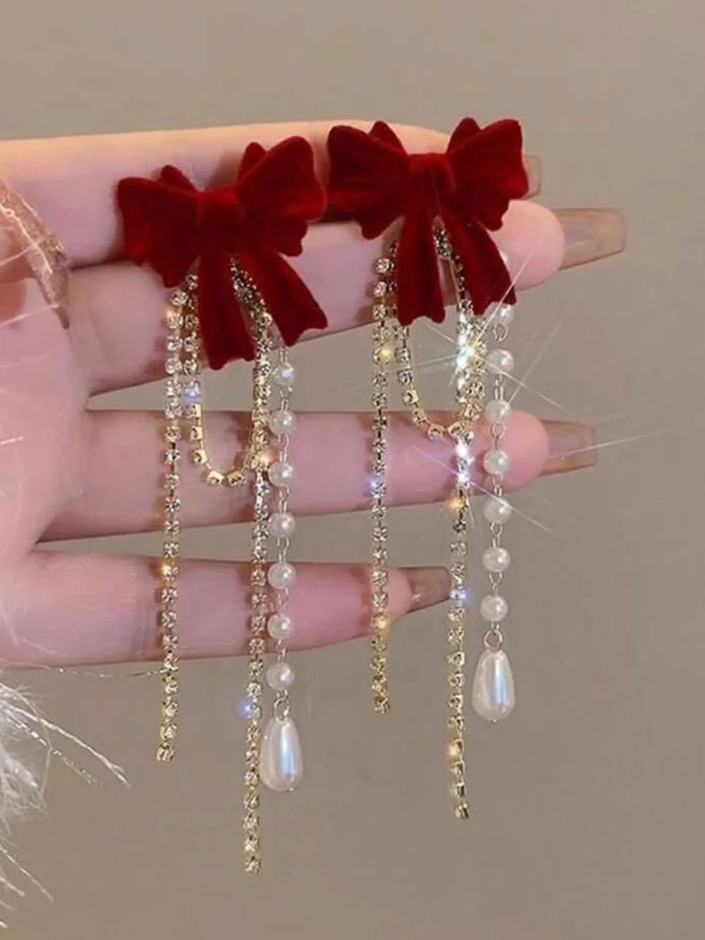 Red Velvet Bow Pearl Drop Statement Earrings